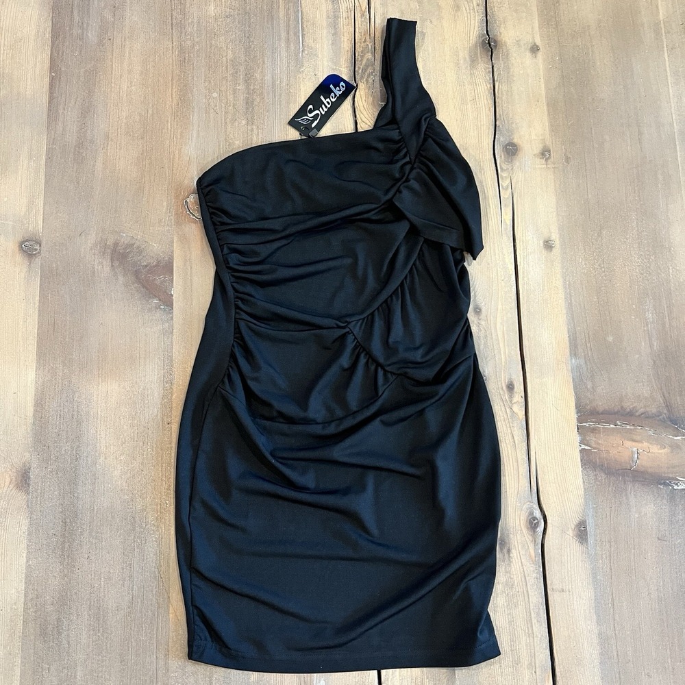 Subeko One Shoulder Ruched Black Dress Women's Bodycon Mini Small New